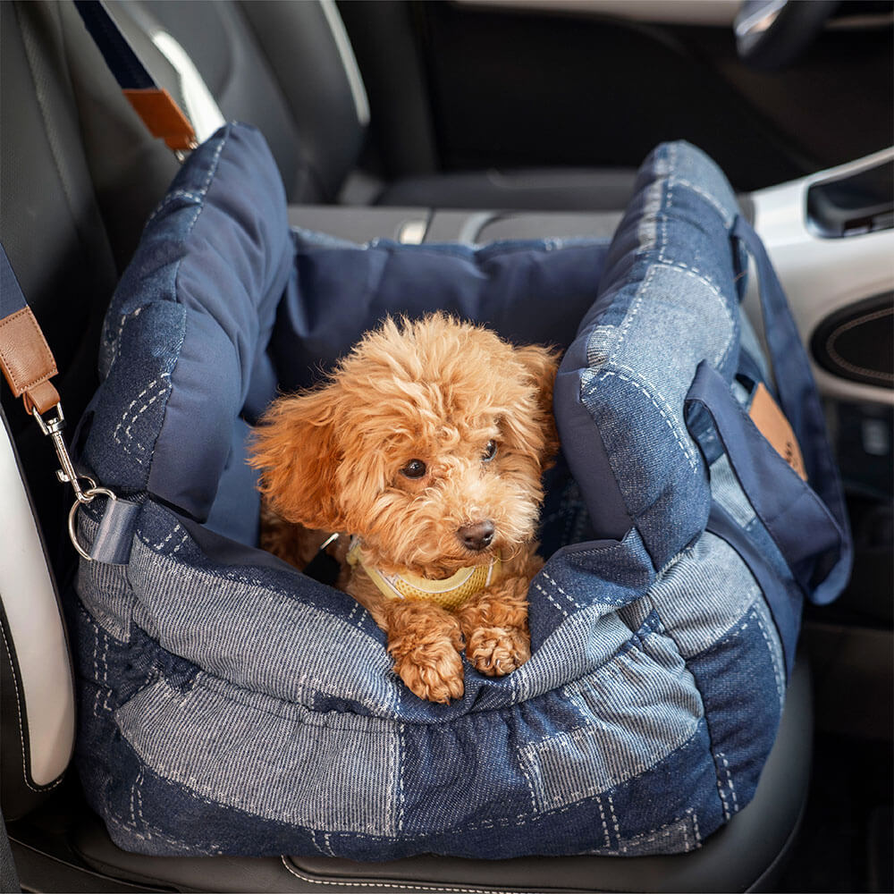 Cama para Assento de Carro para Cães Reforçada de Segurança para Viagens Vintage Jeans Patchwork