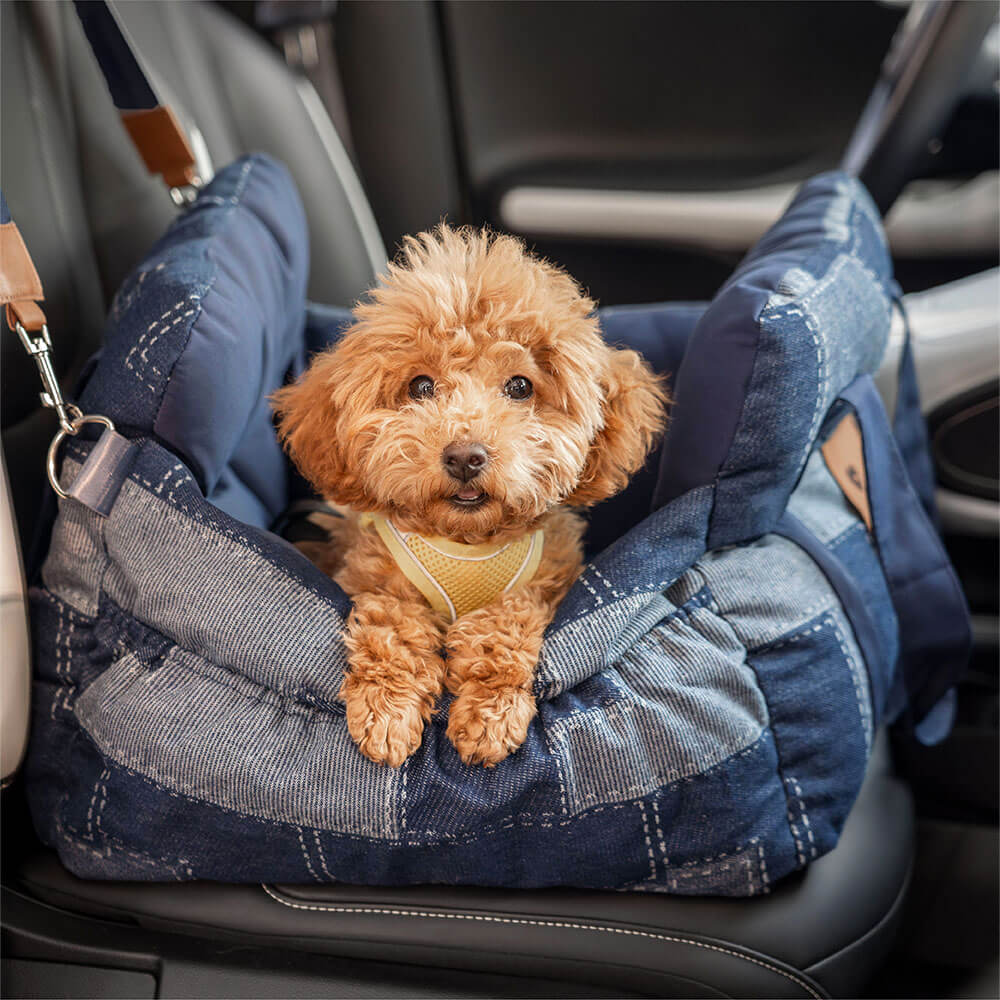 Cama para Assento de Carro para Cães Reforçada de Segurança para Viagens Vintage Jeans Patchwork