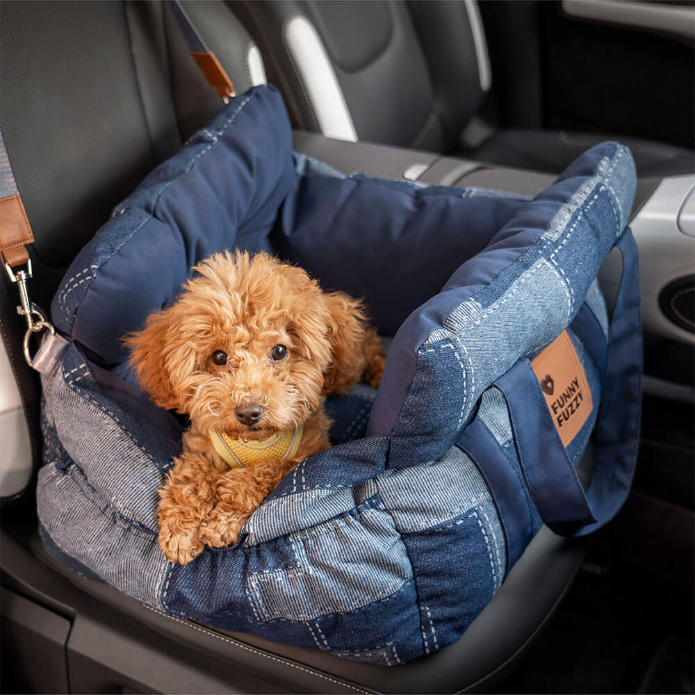 Cama para Assento de Carro para Cães Reforçada de Segurança para Viagens Vintage Jeans Patchwork