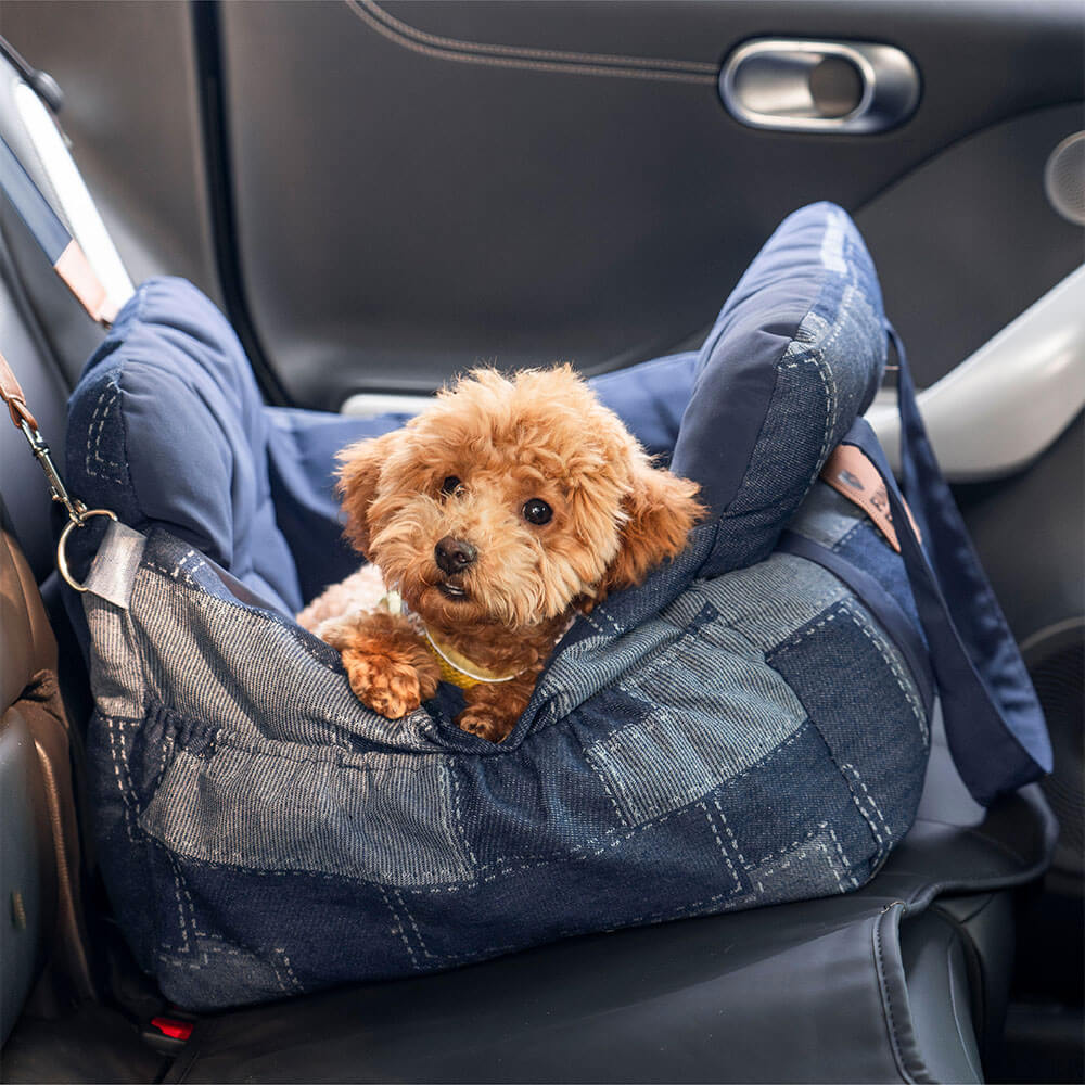 Cama para Assento de Carro para Cães Reforçada de Segurança para Viagens Vintage Jeans Patchwork