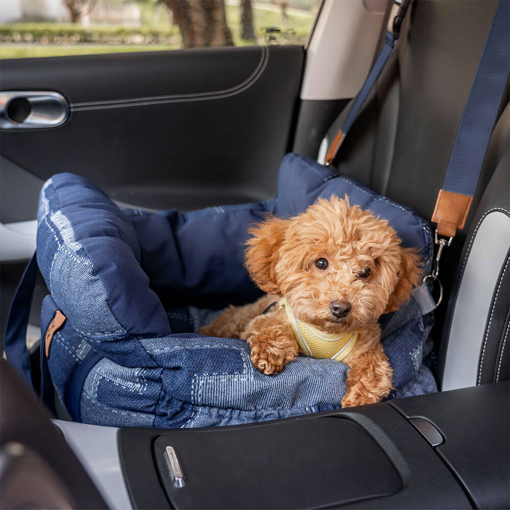 Cama para Assento de Carro para Cães Reforçada de Segurança para Viagens Vintage Jeans Patchwork