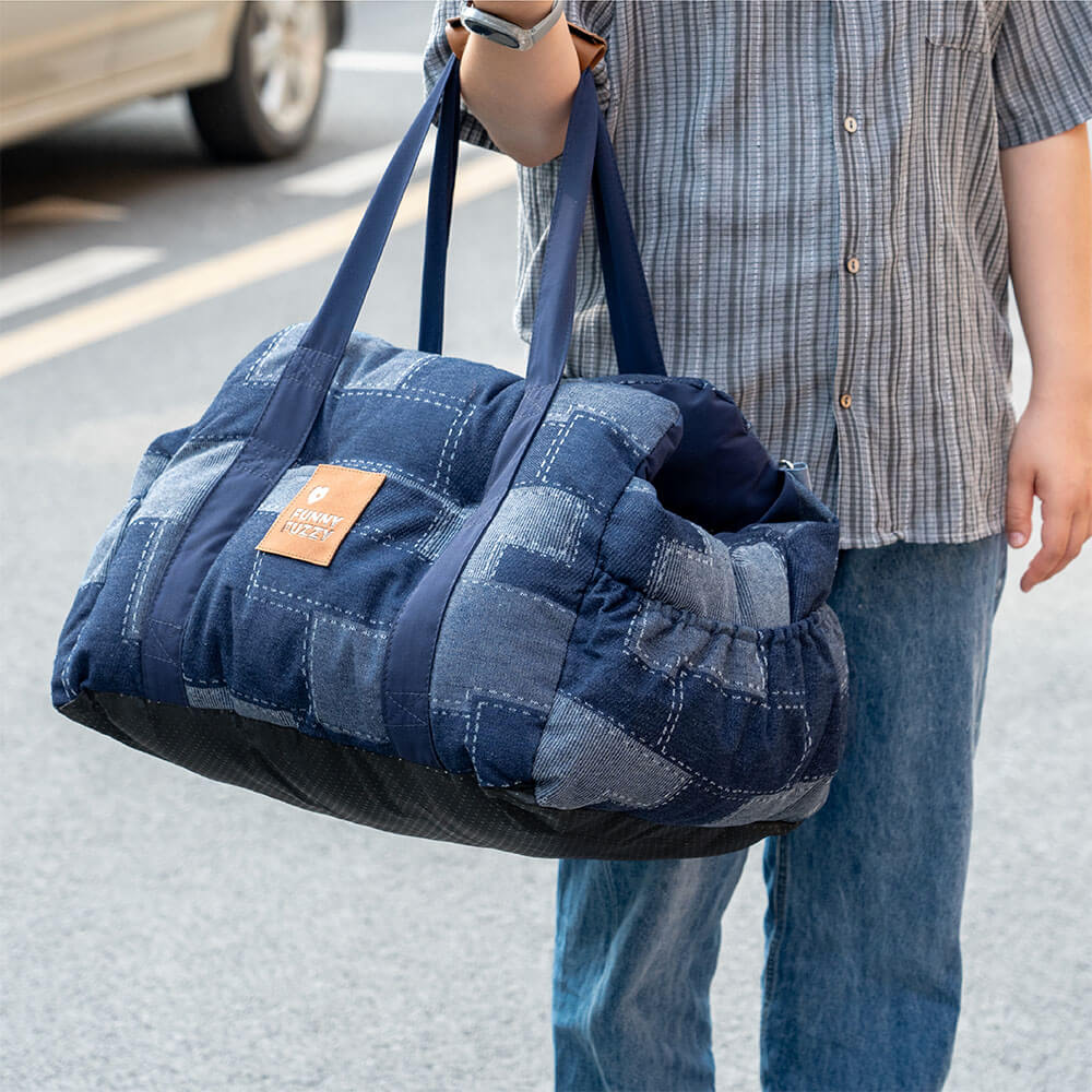 Cama para Assento de Carro para Cães Reforçada de Segurança para Viagens Vintage Jeans Patchwork