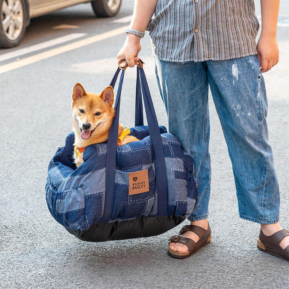 Cama para Assento de Carro para Cães Reforçada de Segurança para Viagens Vintage Jeans Patchwork