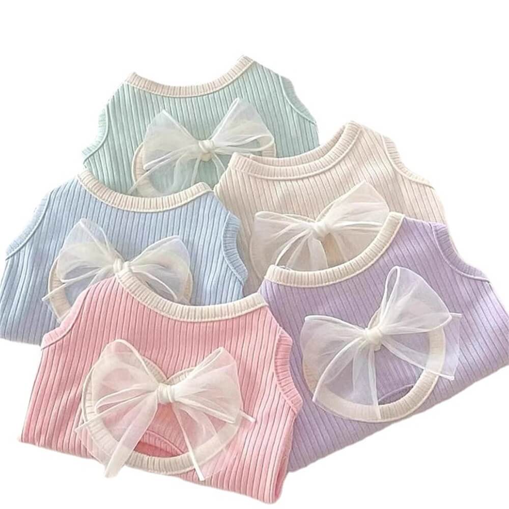 Tops canelados pastel para cães com laço - Roupas para animais de estimação macias e estilosas