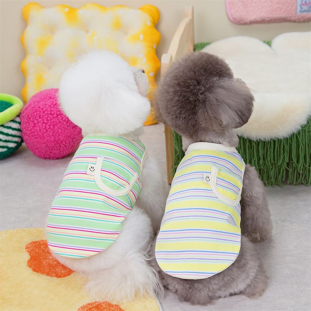 Roupas para animais de estimação colorido listrado bolso rosto sorridente pit listrado colete de duas pernas roupas de verão para cães e gatos