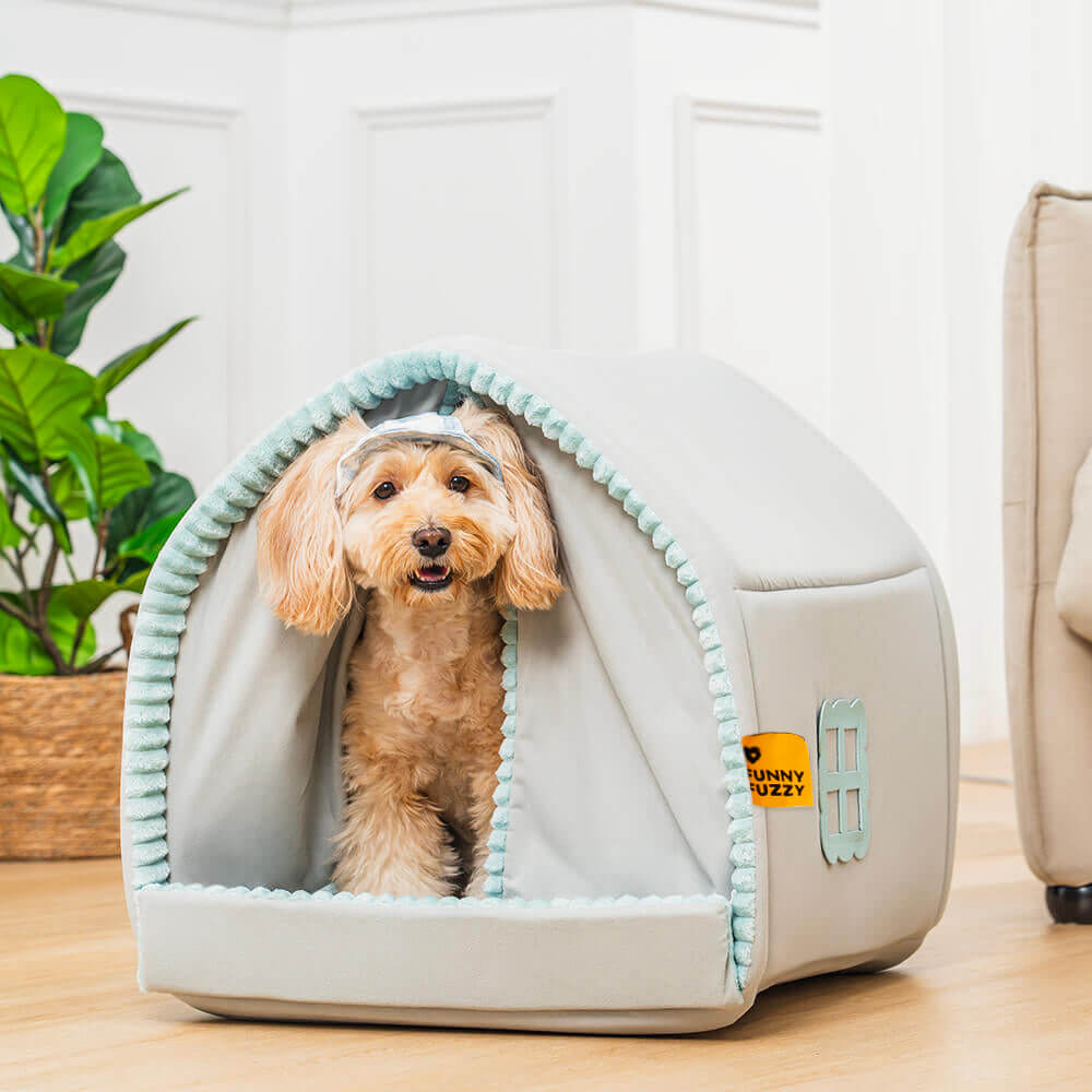 Cama para Cachorro Fechada em Formato de Casa para pets com Cortina Dupla