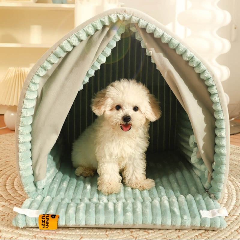 Cama de cachorro fechada para casa de animais de estimação com cortina dupla