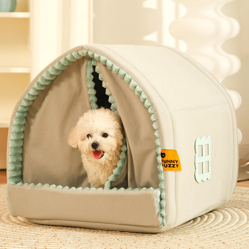 Cama para Cachorro Fechada em Formato de Casa para pets com Cortina Dupla