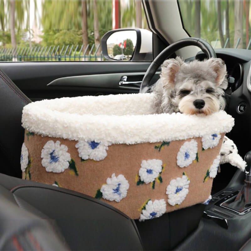 Cama de Segurança para Assento de Carro para Cachorro com Console Central para Animais de Estimação de Flor e Lã Felpuda