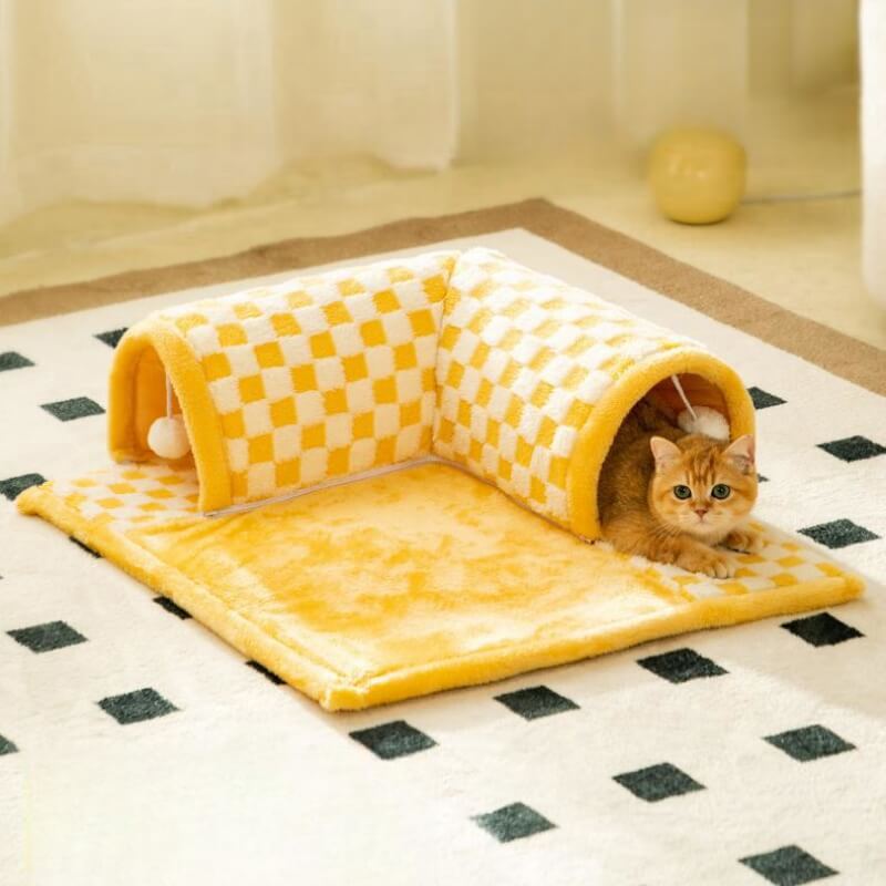 Cama de túnel xadrez xadrez de pelúcia engraçada 2 em 1 para gatos