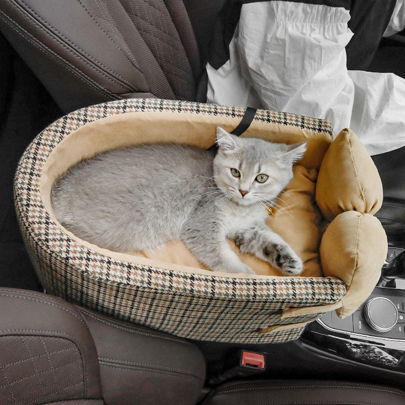 Assento de Carro para Pets com Console de Observação Pied-de-poule e Gravata-borboleta