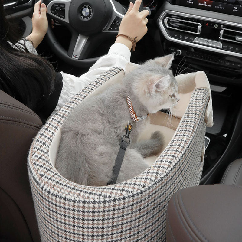 Assento de Carro para Pets com Console de Observação Pied-de-poule e Gravata-borboleta