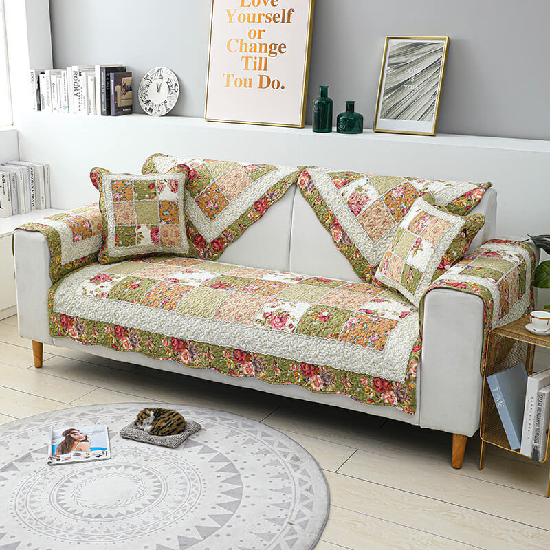 Cobertura para Sofá de Algodão Xadrez com Flores Vintage
