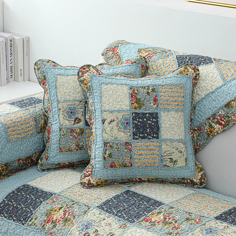 Cobertura para Sofá de Algodão Xadrez com Flores Vintage