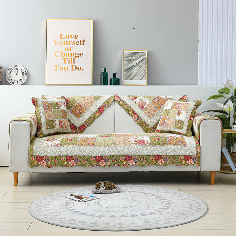 Cobertura para Sofá de Algodão Xadrez com Flores Vintage