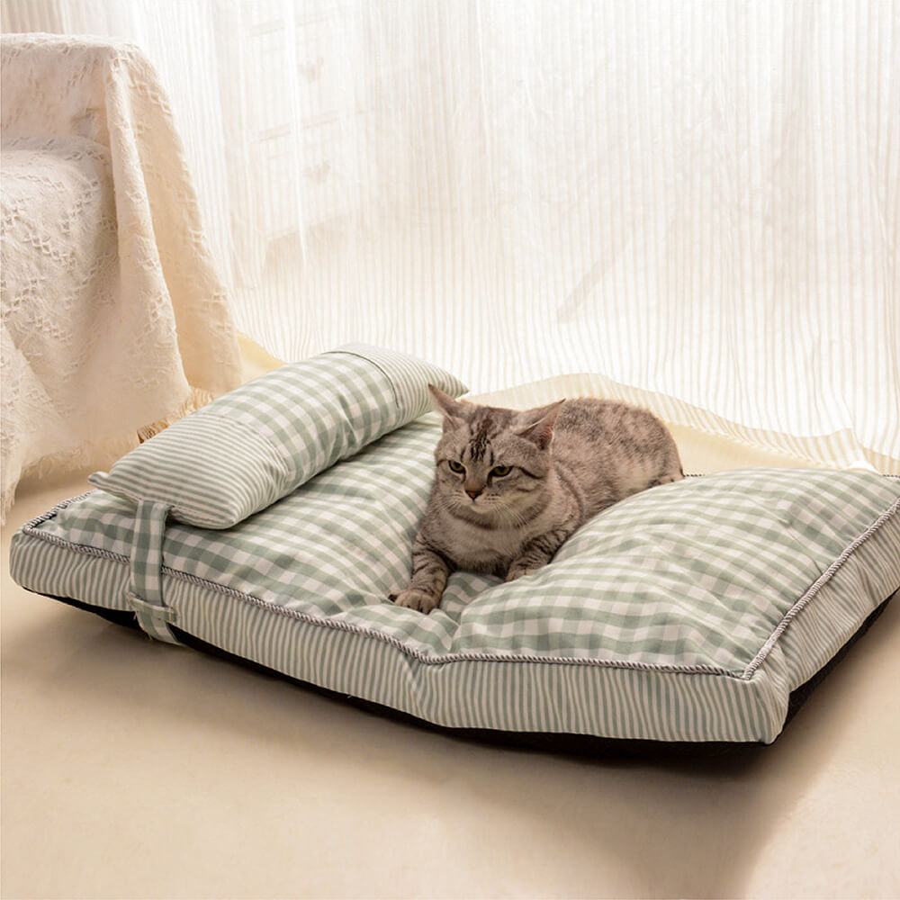 Cama lavável para cachorro e gato com padrão xadrez fashion e travesseiro