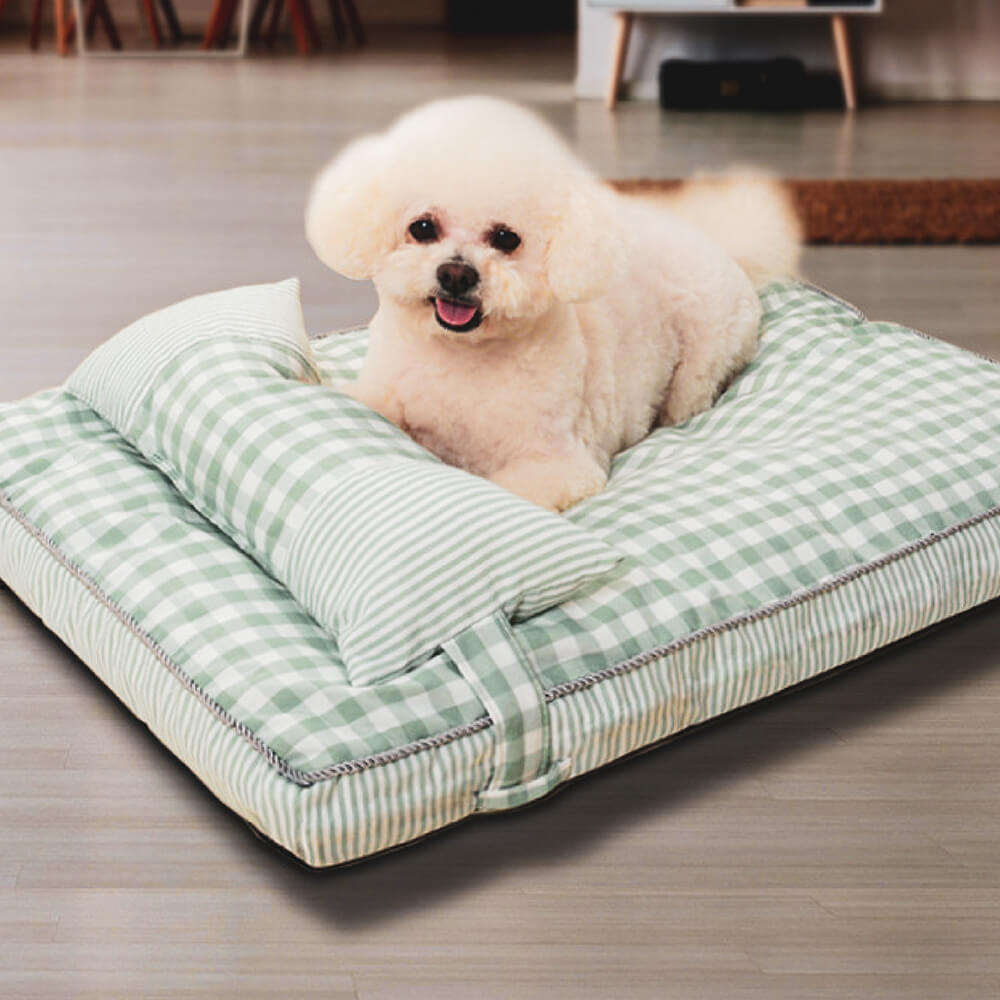 Cama lavável para cachorro e gato com padrão xadrez fashion e travesseiro